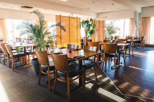 a restaurant with wooden tables and chairs and plants at Hotel Vagar in Sørvágur