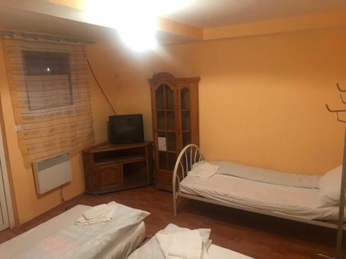 - un salon avec 2 lits et une télévision dans l'établissement Casa albastră, à Marghita