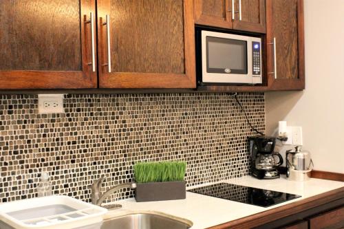 a kitchen with a sink and a microwave at Barefoot Caye Caulker Hotel in Caye Caulker