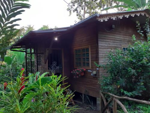 a small wooden house in a garden with plants at Casa Ediana in Trindade