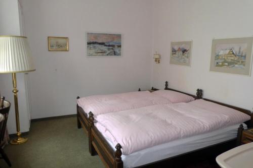 a bedroom with a bed with pink sheets and a lamp at Villa Deck in Brunnen