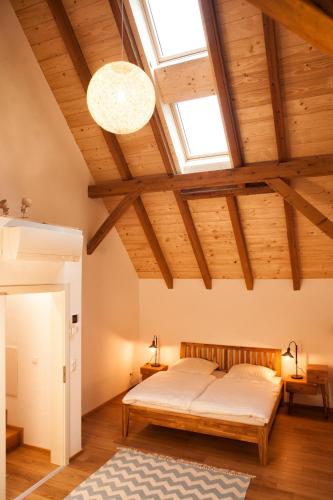 a bedroom with a bed and a skylight at Sophies Scheune, nah beim Europapark in Ettenheim