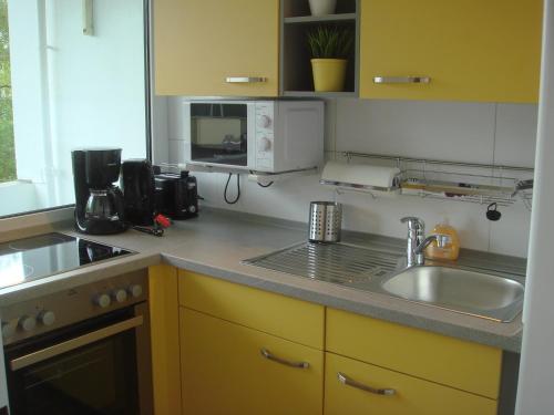 uma cozinha com um lavatório e um micro-ondas em Geeste 2 em Bremerhaven