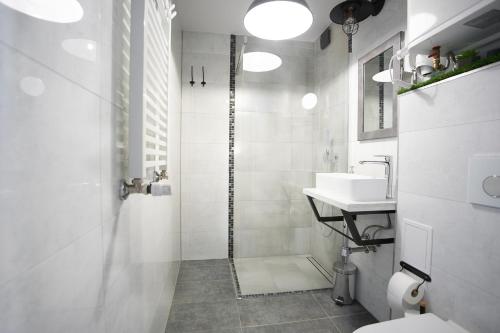 a white bathroom with a shower and a sink at Apartament Zdrojowy in Rymanów-Zdrój