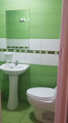 baño verde y blanco con aseo y lavamanos en HABITACIÓN ALBORADA 1 con baño privado, en Lima