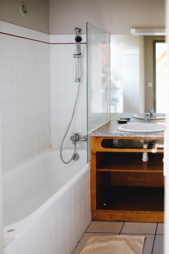 a bathroom with a shower and a tub and a sink at Les chalets d'Arrens in Arrens-Marsous