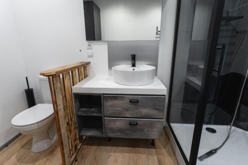 a bathroom with a sink and a toilet at La Dimiere - Le Postel - Appartements de standing en hyper-centre - Louviers in Louviers