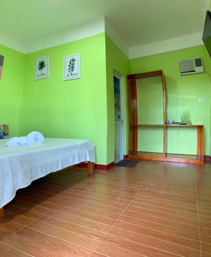 a room with a bed and a green wall at Kobe's Beachfront Haven in Siquijor