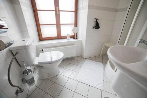 a white bathroom with a toilet and a sink at Penzion Pod Zamkem in Jindřichŭv Hradec