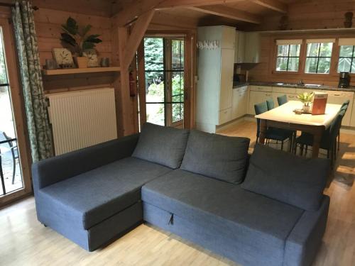 a living room with a couch and a table at Chalet in a peaceful location near Nijlen in Nijlen