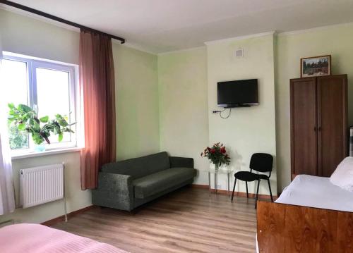 1 dormitorio con sofá, cama y TV en Khutorok Svergio en Chesnovka