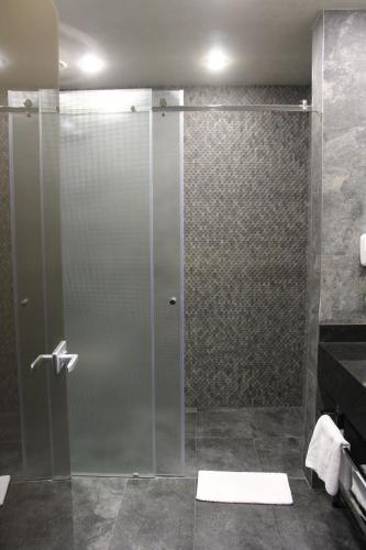 a shower with a glass door in a bathroom at Erebuni Hotel Yerevan in Yerevan
