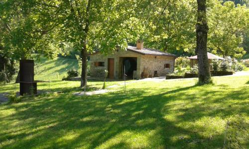 an old stone house in a field with trees at La casetta di Coradosso in Selvapiana