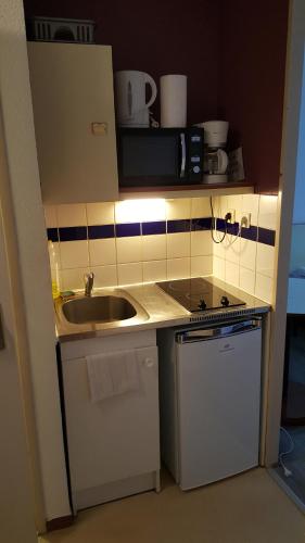 une petite cuisine avec un évier et un micro-ondes dans l'établissement Résidence Hôtelière Poincaré, à Margny-lès-Compiègne