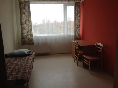 Habitación con cama, escritorio y ventana. en Hostelis Zaļā muiža, en Zaļenieki