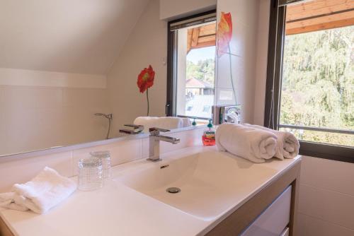 y baño con lavabo y espejo. en Le Port-Plage residence facing Talloires Beach, LLA Selections by Location lac Annecy, en Talloires