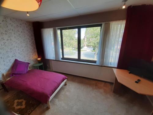 ein Schlafzimmer mit einem lila Bett und einem Fenster in der Unterkunft casa di Claudia in Antwerpen