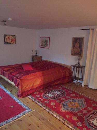 a bedroom with a bed with red sheets and two rugs at Schönenborn in Lindlar