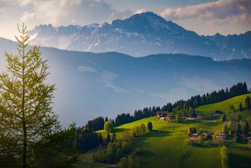 a green hill with a house and mountains in the background at Sun Valley Apartments in Maishofen