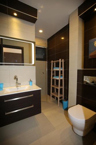 a bathroom with a sink and a toilet and a mirror at Villa Infinity in Šmrika