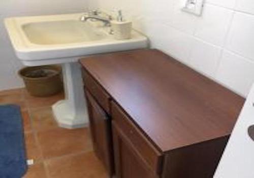 baño con lavabo y encimera de madera en Appartamento Gaylen, en Borgo a Mozzano