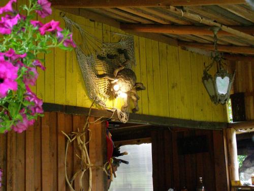 a bird is sitting in a nest on a wall at Likimo ratas in Paliepis