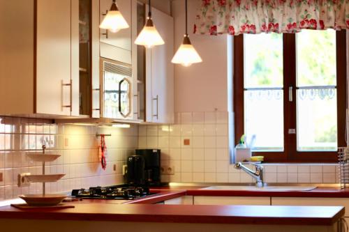 a kitchen with a sink and a stove top oven at Müllerstube in Meßkirch