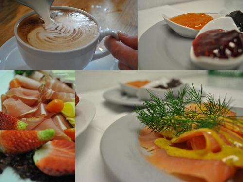 un collage de photos de nourriture et une tasse de café dans l'établissement Bilderbuchcafe - Pension Markt 7, à Havelberg