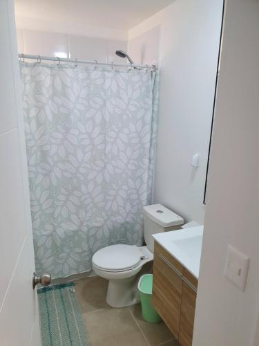a bathroom with a toilet and a shower curtain at Departamento en Lomas de Papudo V in Papudo