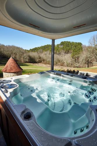 a jacuzzi tub with a view of a yard at La Tour de Ginaillac in Les Arques