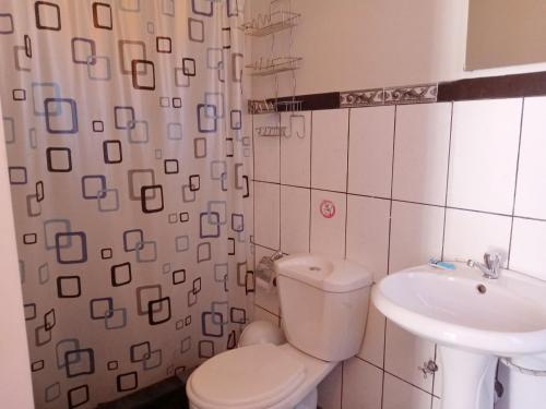 La salle de bains est pourvue de toilettes et d'un lavabo. dans l'établissement Mango Hostel B&B, à Arequipa
