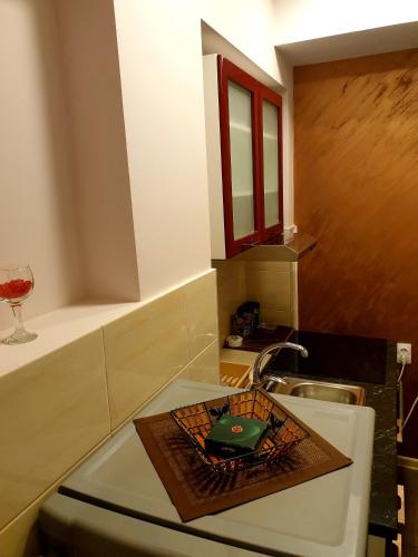 a kitchen counter with a sink and a sink at Ceca Apartman in Niš
