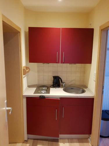 a kitchen with red cabinets and a sink at Wolthusen in Emden