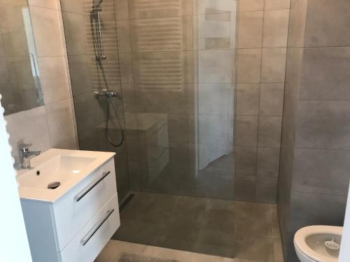 uma casa de banho com um chuveiro, um lavatório e um WC. em Apartament Malta Supreme em Poznań