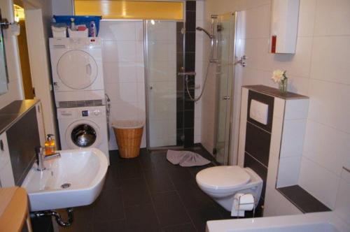 a bathroom with a sink and a toilet and a shower at Ferienwohnung Im Alftal, Bleialf in Bleialf