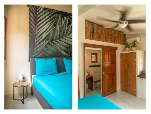 two pictures of a bedroom with a blue bed and a bathroom at Kas Despacito in Kralendijk