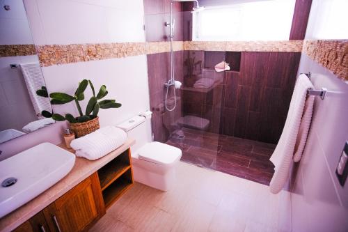 a bathroom with a shower and a toilet and a sink at Residencial Mañanero in Cabarete