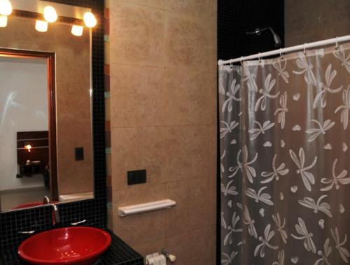y baño con ducha y lavabo rojo. en Hotel Ritz en Alta Gracia