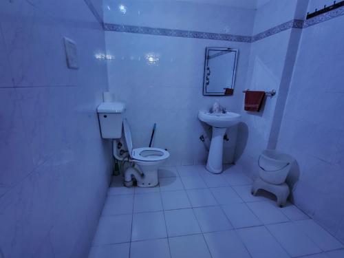 New Chandigarh Holiday Home في شانديغار: حمام ابيض مع مرحاض ومغسلة