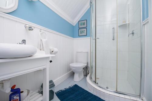 a bathroom with a shower and a toilet at Beside Still Waters in Wilderness