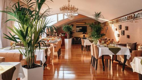 バクーにあるBayil Breeze Hotel & Restaurantの食卓と椅子、植物のあるダイニングルーム
