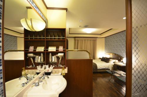 Chikugo的住宿－HOTEL SOLA chikugo MOTEL，一间带水槽和镜子的浴室以及一张床