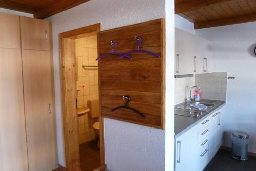 eine kleine Küche mit einem Waschbecken und ein Badezimmer in der Unterkunft Appartementhaus Osserblick in Lohberg