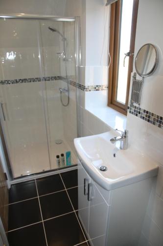 a bathroom with a shower and a sink and a shower at Superb Stokesby Barn Apartment - Norfolk Broads & Norwich in Stokesby