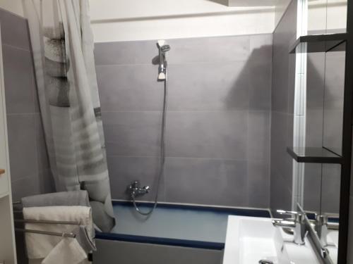 une salle de bain avec une douche avec un rideau de douche dans l'établissement le petit dieppois, à Dieppe