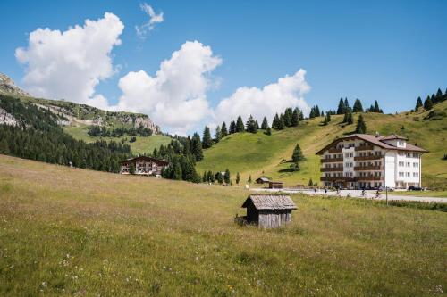 a large field with a building on a hill at Apparthotel Sellaronda in Arabba