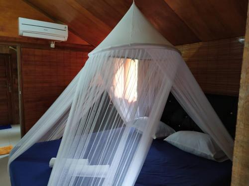 a canopy bed with white mosquito nets on it at Pele's Place in Sabong