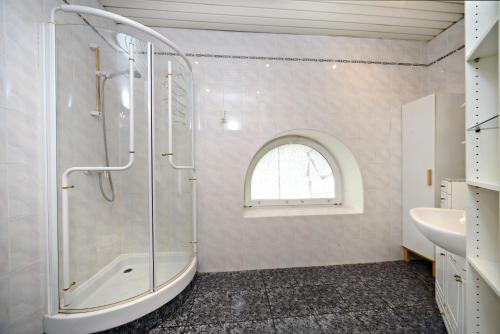 a bathroom with a shower and a sink at Guest Rooms Apelsin on Victory Park in Moscow