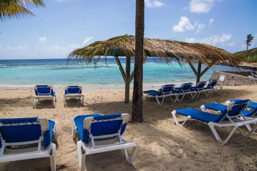 a group of chairs on a beach with the ocean at MANGANAO LOFTS INN Bord de Mer in Saint-François