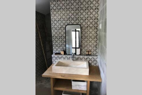 uma casa de banho com um lavatório e um espelho em Le gite de l'auge em Auger-Saint-Vincent